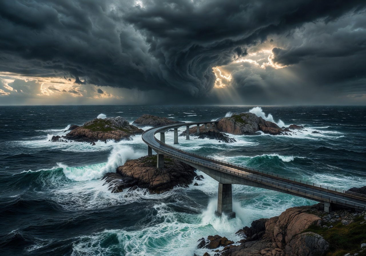 Atlantic Ocean Road bridge stretching across stormy Norwegian sea between rocky islands with dramatic sky