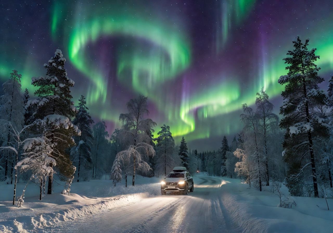 Aurora borealis Northern Lights glowing green and purple above a snowy Finnish Lapland forest road during winter road trip