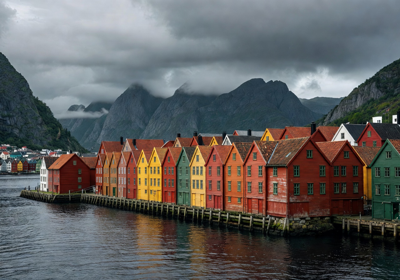 Bergen Norway colorful Bryggen wharf buildings along the waterfront with mountains and cloudy sky in background
