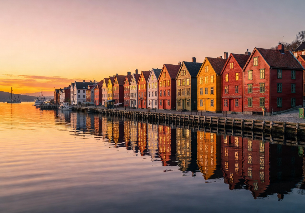Bergen waterfront with colorful Bryggen wooden buildings reflecting in harbor water at sunset