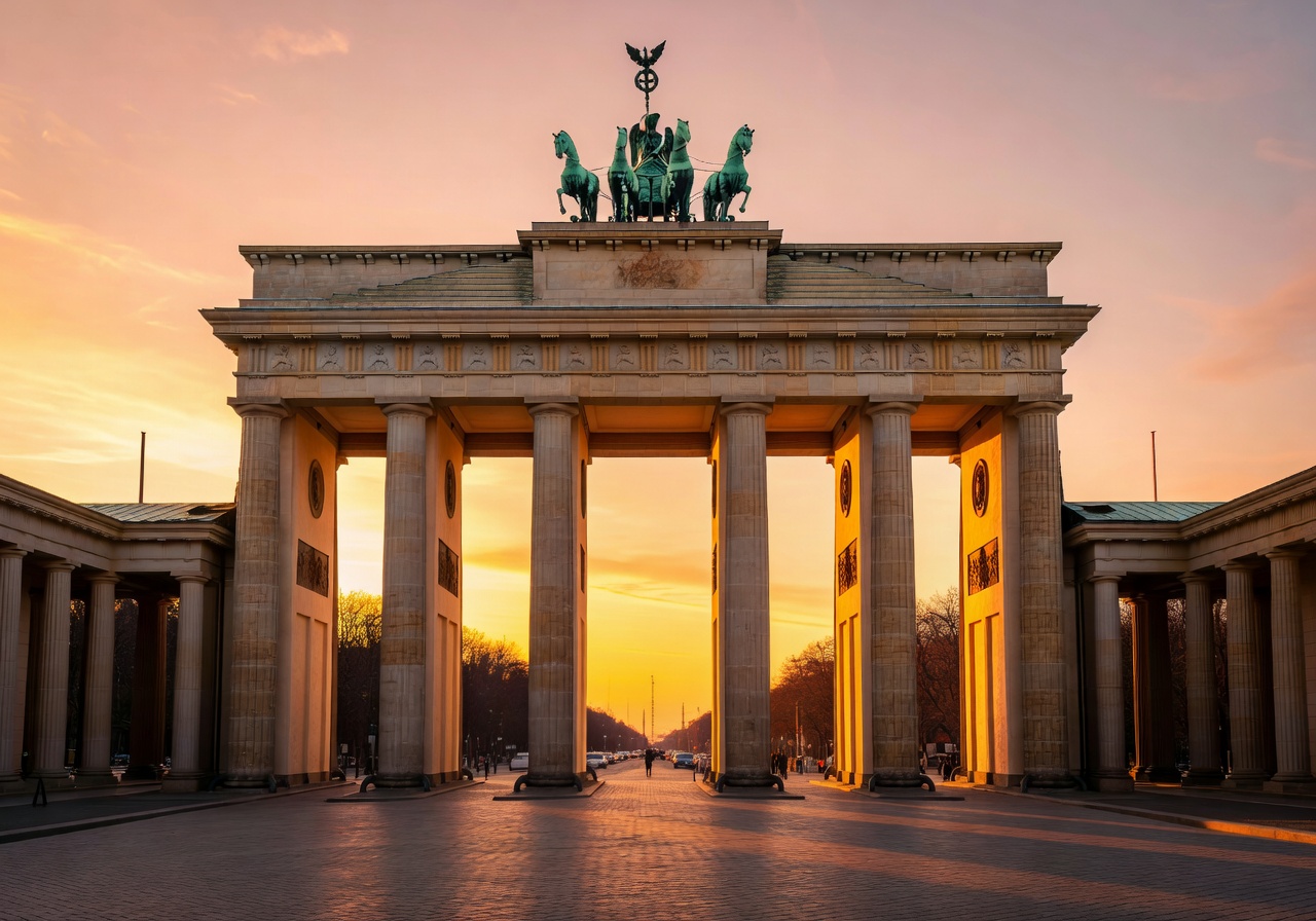 Berlin Brandenburg Gate illuminated at sunset with golden light in Germany capital city