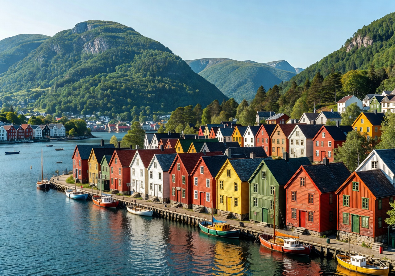 Colorful wooden houses along the Bergen waterfront in Norway with surrounding green mountains