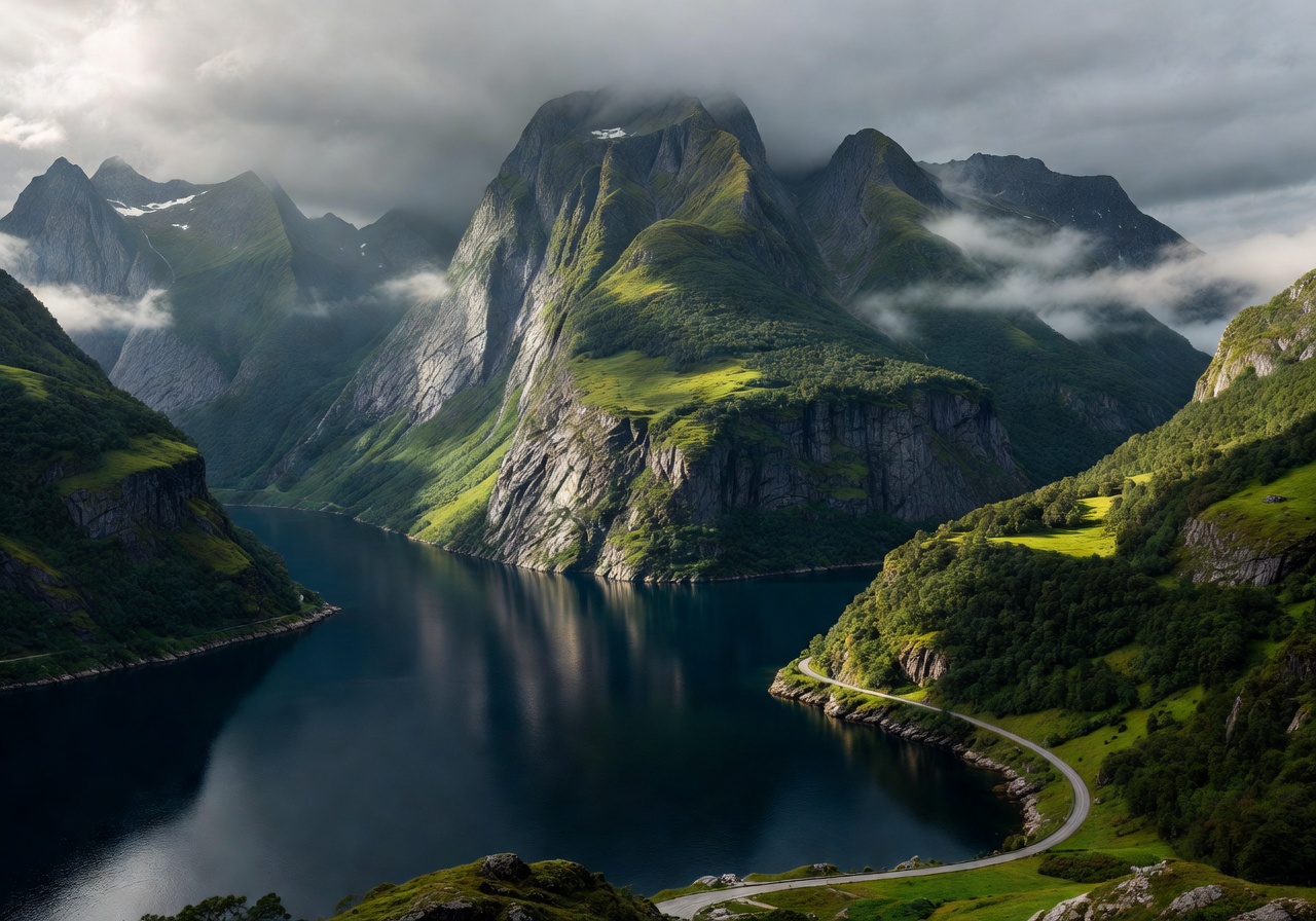 Dramatic Norwegian fjord landscape with steep green mountains and deep blue water along the scenic driving route from Bergen to Trondheim