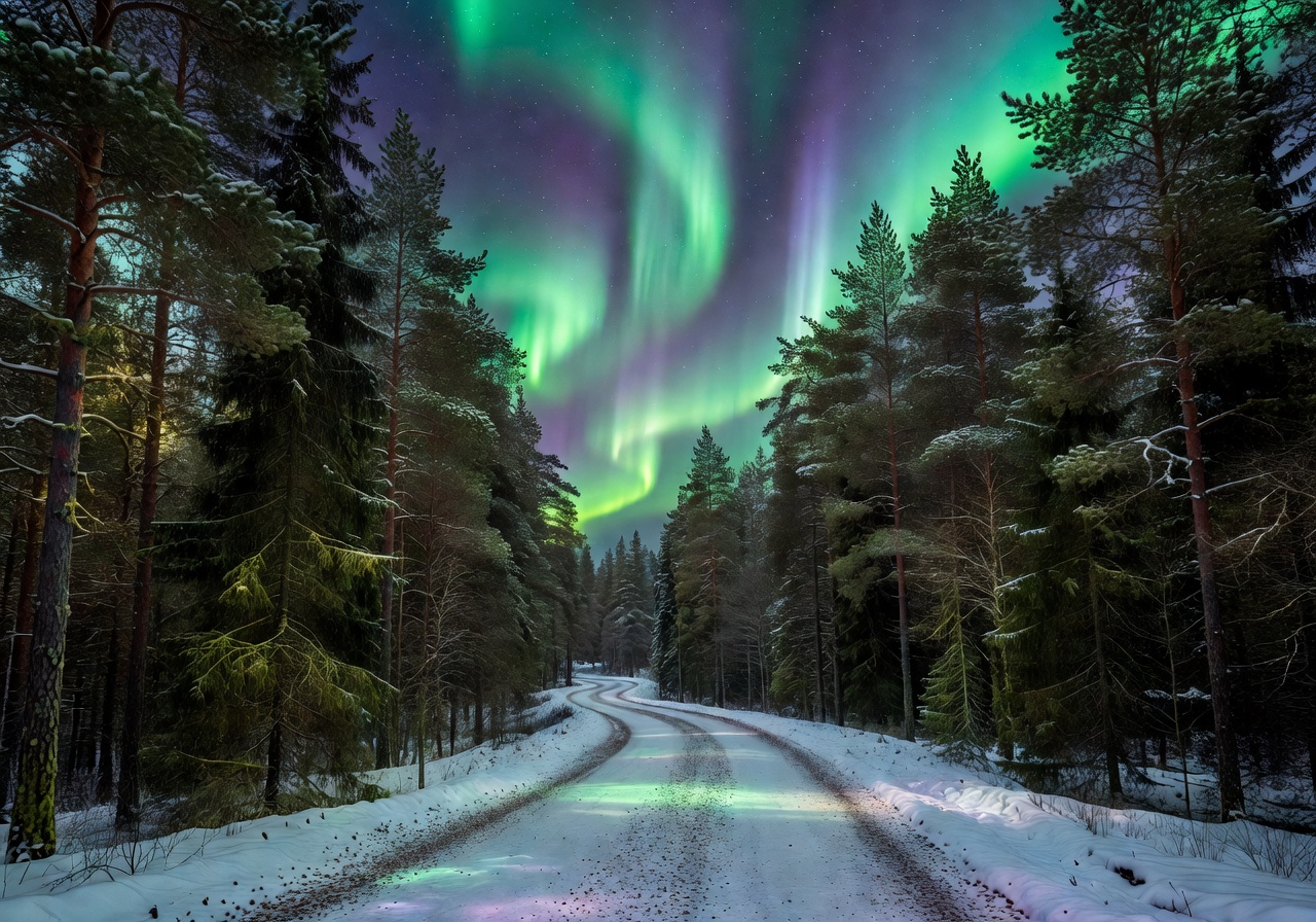 Finnish forest road winding through dense pine trees with Northern Lights in Lapland sky