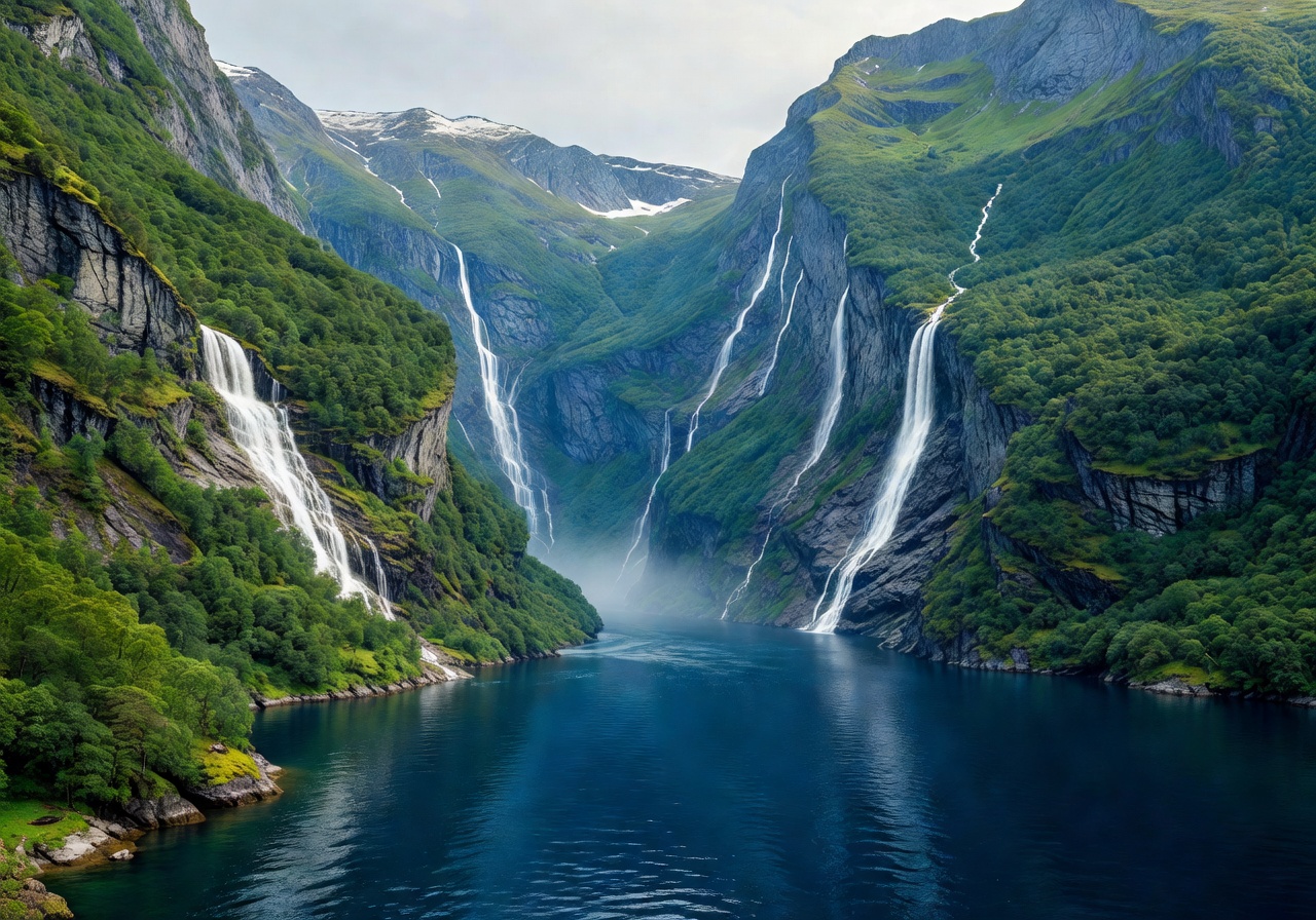Geirangerfjord deep blue waters surrounded by steep green cliffs with waterfalls cascading down mountainsides in Norway