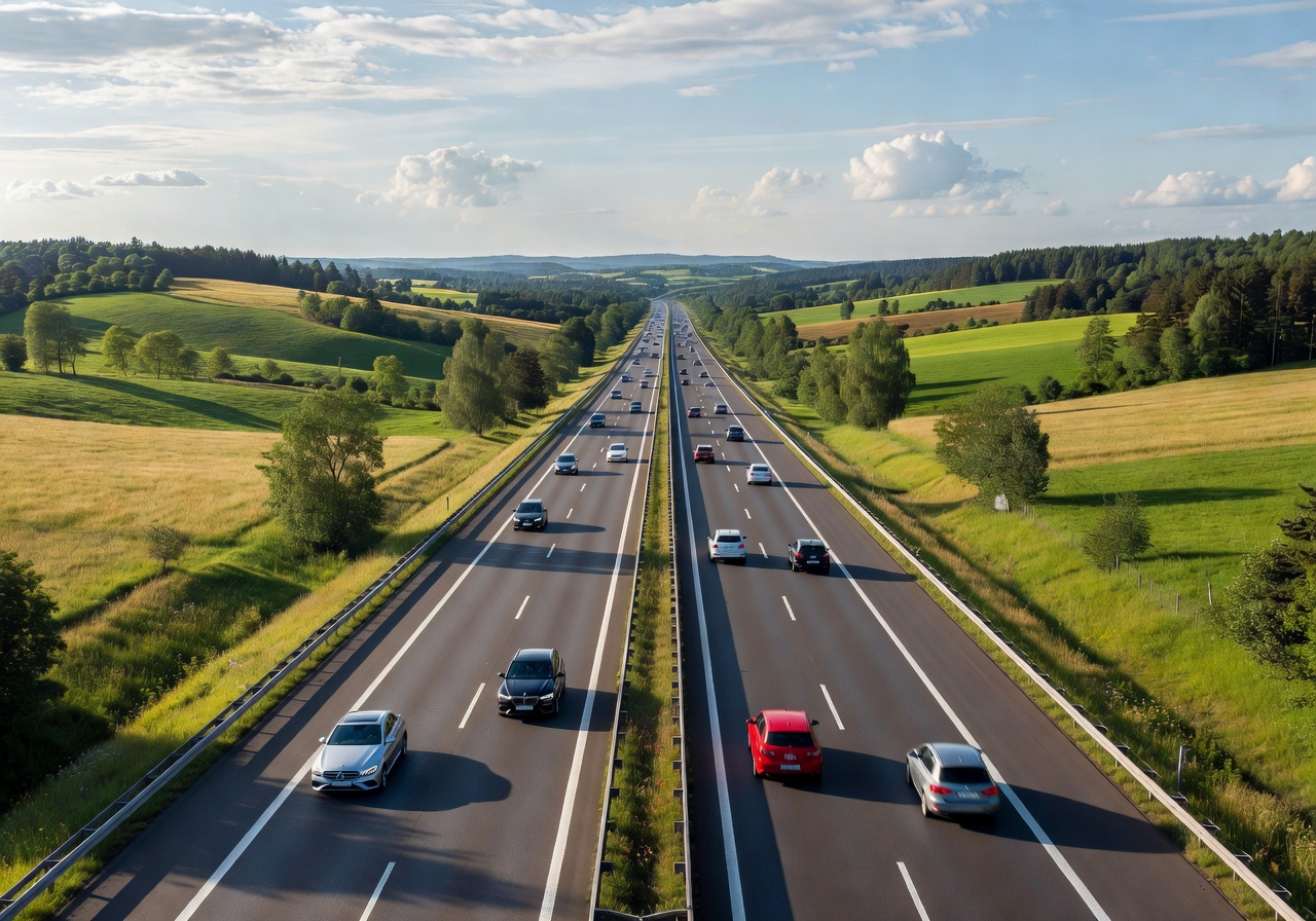 German Autobahn highway stretching through green countryside near Berlin and Munich