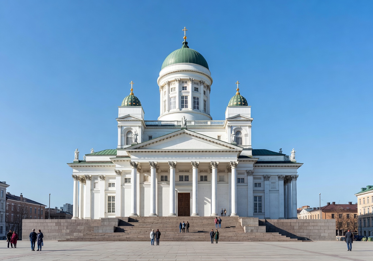 Helsinki Cathedral white neoclassical domes and green copper roof towering above Senate Square with blue sky in Finland