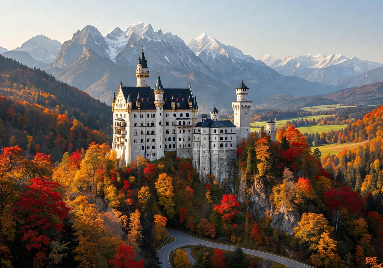 Neuschwanstein Castle in Bavaria Germany surrounded by autumn forests with the Alps in the background on the Berlin to Black Forest road trip