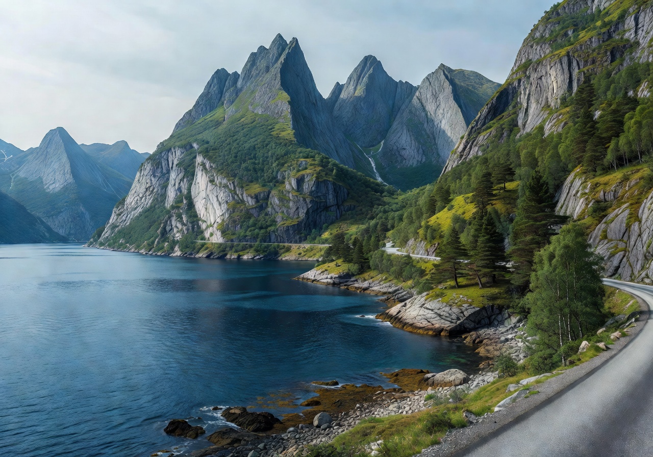 Norway scenic fjord landscape with mountains and blue water along the Bergen to Trondheim driving route