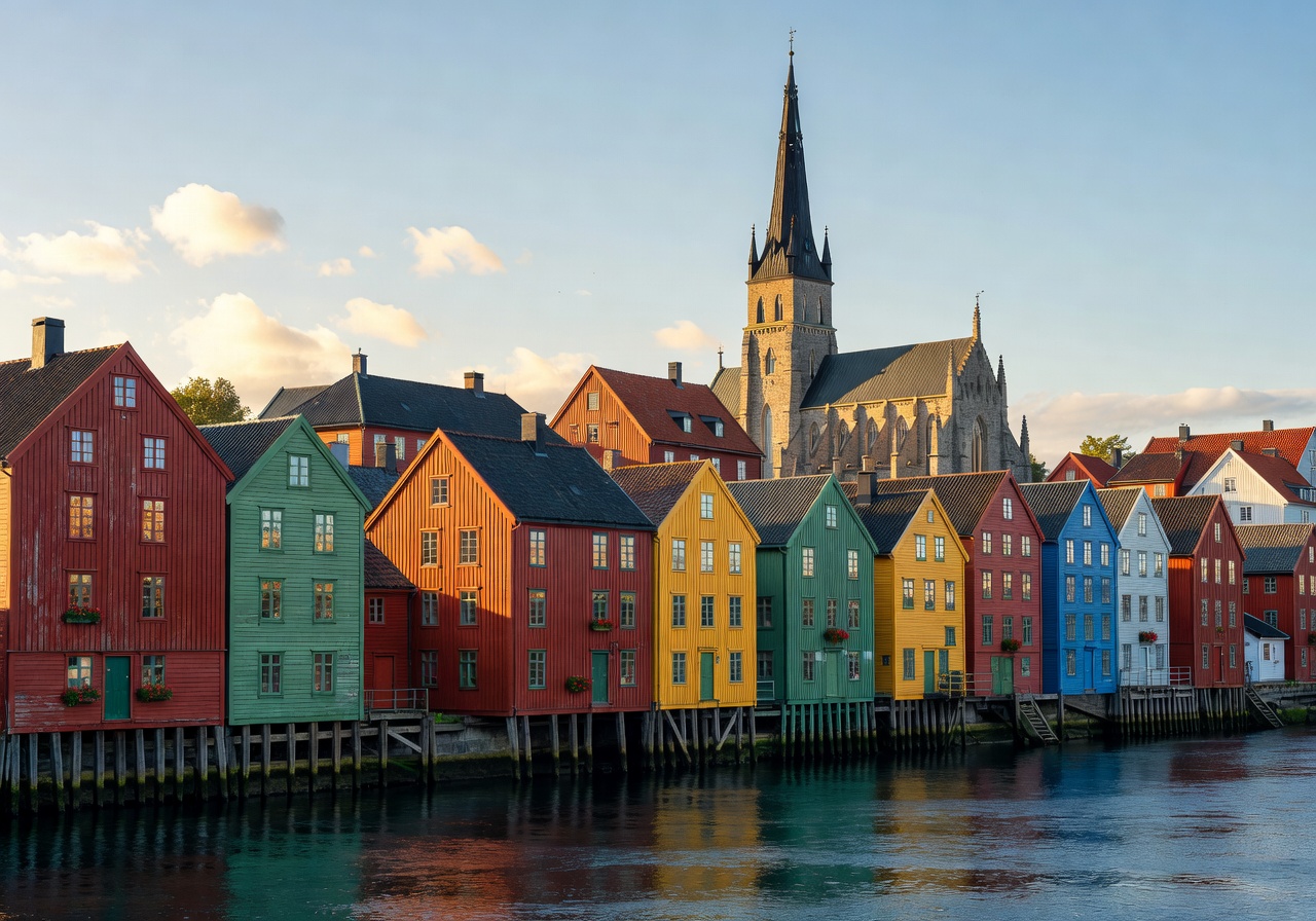 Trondheim colorful waterfront warehouses along Nidelva River with historic Nidaros Cathedral spire in background